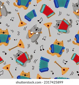  Pattern cats musicians.Cats cartoon Singing and plays the harmonica and balalaika.  Animal, pet, musical instrument. Song, music. Vector illustration, background isolated.