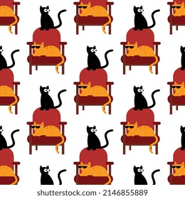 Pattern, cats on red chair, cartoon modern character design, vector for commercial use.