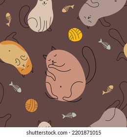 Pattern of cats, paw prints and balls of yarn. Print in pastel colors with funny animals. Pets. Drawing by hand. Seamless pattern. Vector illustration.