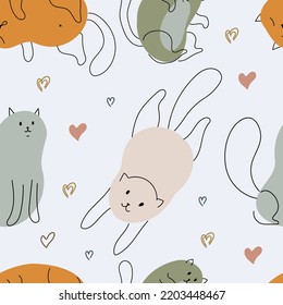 Pattern of cats, paw prints and balls of yarn. Print in pastel colors with funny animals. Pets. Drawing by hand. Seamless pattern. Vector illustration.
