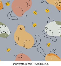 Pattern of cats, paw prints and balls of yarn. Print in pastel colors with funny animals. Pets. Drawing by hand. Seamless pattern. Vector illustration.