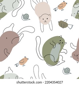 Pattern of cats, paw prints and balls of yarn. Print in pastel colors with funny animals. Pets. Drawing by hand. Seamless pattern. Vector illustration.