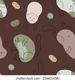 Pattern of cats, paw prints and balls of yarn. Print in pastel colors with funny animals. Pets. Drawing by hand. Seamless pattern. Vector illustration.