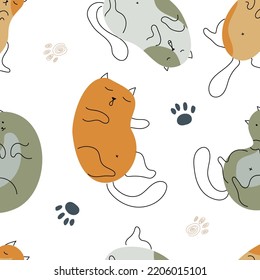 Muster von Katzen, Pfotendrucken und Garnbällen. Drucken Sie in Pastellfarben mit lustigen Tieren. Haustiere. Zeichnen von Hand. Nahtloses Muster. Vektorgrafik.