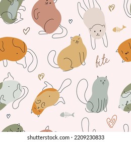 Pattern of cats, paw prints and balls of yarn. Print in pastel colors with funny animals. Pets. Drawing by hand. Seamless pattern. Vector illustration.