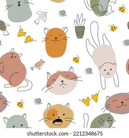 Pattern of cats, paw prints and balls of yarn. Print in pastel colors with funny animals. Pets. Drawing by hand. Seamless pattern. Vector illustration.