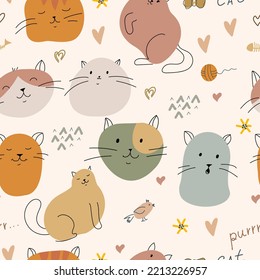 Pattern of cats, paw prints and balls of yarn. Print in pastel colors with funny animals. Pets. Drawing by hand. Seamless pattern. Vector illustration.