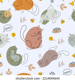 Pattern of cats, paw prints and balls of yarn. Print in pastel colors with funny animals. Pets. Drawing by hand. Seamless pattern. Vector illustration.