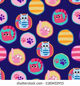 Pattern with cats in peas. Background for textiles, fabrics, web, clothes, blanks, wrapping paper, children, jackets, clothes, backpacks, notebook, bedding.