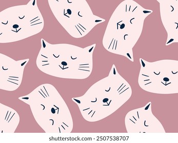 Pattern with cats. Pets faces on pink background. Vector illustration