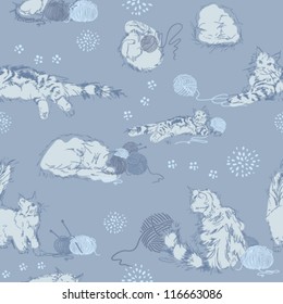 Pattern with cats playing with clews. Vector background.