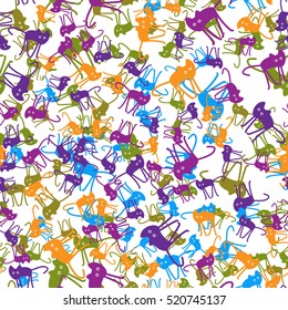 Pattern with cats, purple, dlue, green, orange and gray.