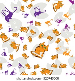 Pattern with cats, purple, orange and gray.