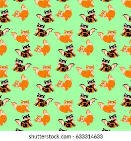 
    The pattern of the cats, red and black color for children's textiles and printing on a green background 