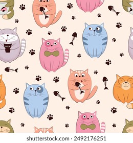 The pattern with cats. Seamless pattern featuring cute cats of various colors. A pattern with kittens in a cartoon style. Pattern for print and gift wrapping. Vector