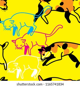 Pattern with cats. Seamless pattern. Funny drawing, childish, funny. Drawing by hand. Cats fly in the air.