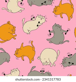 Pattern Cats Set. Fat happy Cartoon cats doing gymnastics. Cat with dumbbells, in yoga pose.  Doodle. Vector illustration. Background isolated.