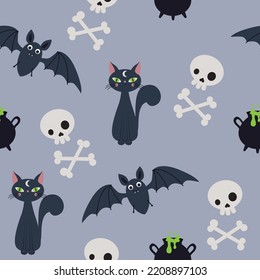 Pattern with cats, skulls and bats for Halloween. Pattern for clothes, packaging, decor.