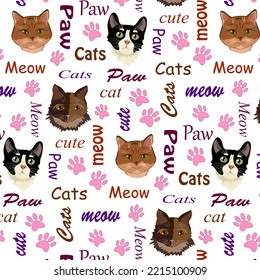 Pattern with cats and texts.Vector seamless pattern with cats and texts on a transparent background.