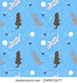 Pattern with cats, thread and ball. Seamless on blue background, gray, white and black cats.