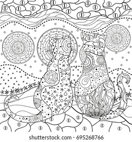 Pattern with cats. Zentangle. Hand drawn cat with abstract patterns on isolation background. Design for spiritual relaxation for adults. Black and white illustration for coloring. Outline for t-shirts