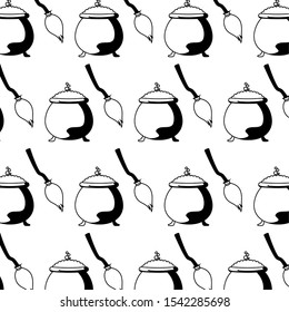 pattern of cauldron with broom vector illustration design