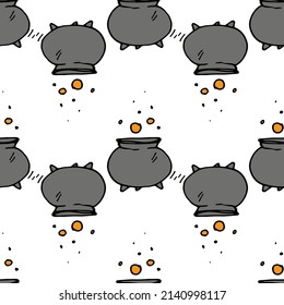 pattern from the cauldron with Halloween bubbles . seamless pattern from a witch's cauldron on three legs in gray with orange bubbles in the air, a color element from potions, hand-drawn in the style 
