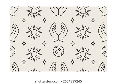 pattern of Celestial pattern with sun moon and hands in a minimalist line art style