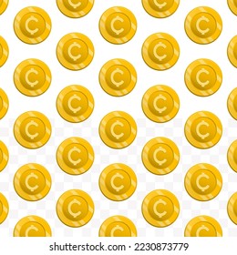 Pattern of Cent Centavo coins on transparent background with mini doodle (icons) and gold color. Vector Illustration