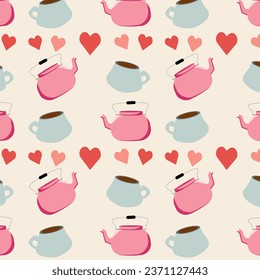 Pattern with ceramic kettle. Home decor, pot with hot drink, coffee, tea. Porcelain kitchen tableware. Vector flat design, doodle style.	