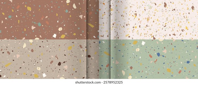 Pattern for ceramics marble natural stone. Vector stock illustration textured shapes. Set Mocha Mousse color 2025 2026 seamless terrazzo patterns