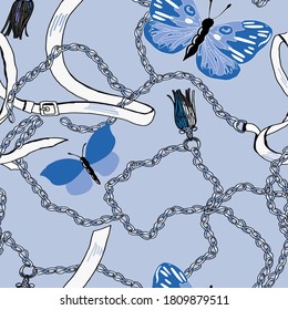 Pattern with chains, belts with butterflies on  blue background. Perfect for textile.