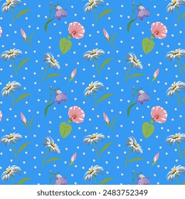 Pattern with chamomile, bindweed and bell flower