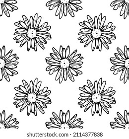 A Pattern Of Chamomile Flowers. Seamless Pattern Of Wild Daisy Flower Sketch, Isolated Outline In Black, Top View On White For Organic Label And Packaging Design Template