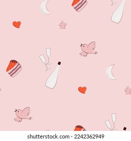 pattern with champagne bottle, cake and birds