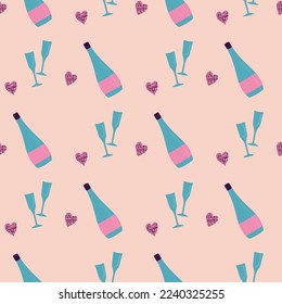 pattern with champagne bottle and hearts