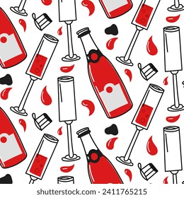 The pattern of champagne glasses, cork, splashes. Champagne, wine, prosecco, alcoholic drink, splashes are opened. Celebrating the New Year, birthday. Red is black. Seamless vector pattern, background