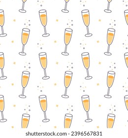 Pattern of champagne  glasses with drink with little bubbles on white background. Sparkling drink in  glasses seamless pattern.