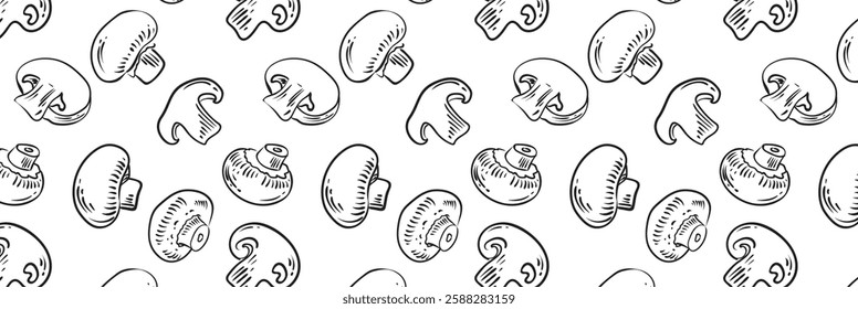 Pattern of champignons mushrooms in different angles drawn by hand. Slices and whole mushrooms. Set of Vector sketches isolated on white background