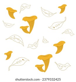 Pattern: chanterelle mushrooms and leaves. Vector illustration.