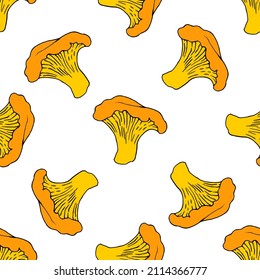 the pattern of chanterelle mushrooms is orange. a seamless pattern of yellow chanterelles with a black outline, randomly located on white. square format of the packaging template for mushroom product 