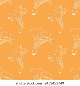 Pattern with Chanterelle mushrooms, white outline, hand-drawn on an orange background. Vector illustration