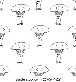 A pattern of chanterelles with eyes and smile on white background. Beautiful seamless background of chanterelle. Vector illustration with mushrooms.