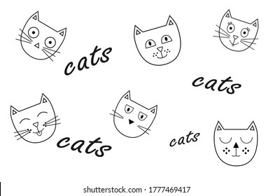 Pattern of characters of cat faces with different emotions doodle set vector illustration collection
