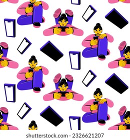A pattern of characters of girls corresponding with someone on the phone. Online shopping with a smartphone. Emotional girls relax, communicate, work, shop with a phone in their hands on white. Rest