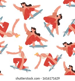Pattern of characters skateboarding. Bright color seamless art for design of landing page, clothing, advertisement or wrapping gift paper.