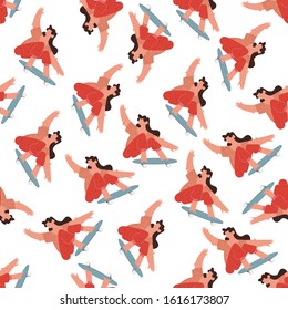 Pattern of characters skateboarding. Bright color seamless art for design of landing page, clothing, advertisement or wrapping gift paper.