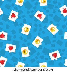 Pattern chat bubble in mobile message and social network. Red heart, like and smile on blue pattern background. Communicate in social media