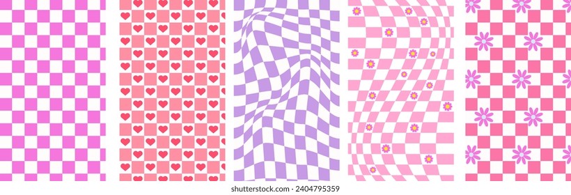Pattern Checkerboard distorted in pink color in y2k style set. Lovely print. Texture in trendy 2000s style. Vector illustration design for poster, cover, social media