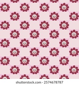 Pattern of Cheerful Cartoon Flowers on Checkerboard Pink Background